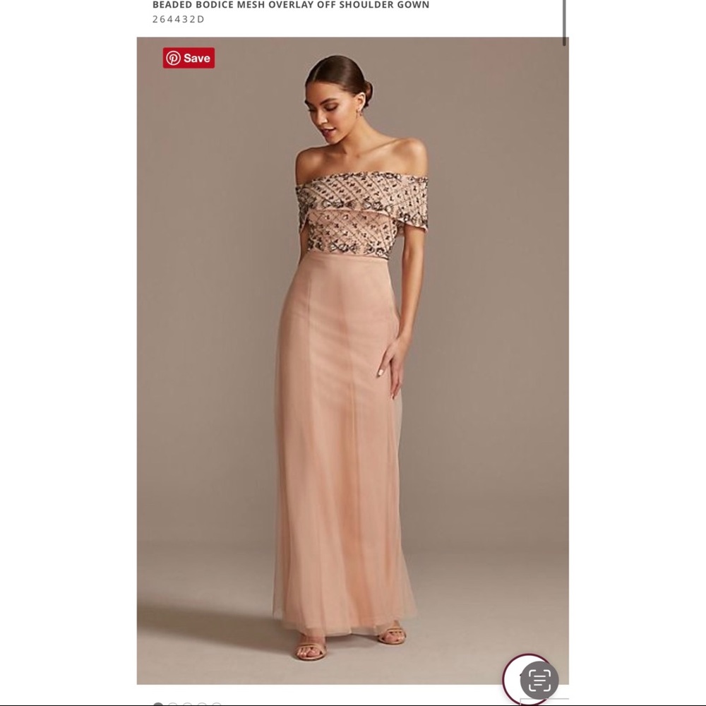 David’s Bridal By Marina Beaded Bodice Mesh Overlay Off Shoulder Gown